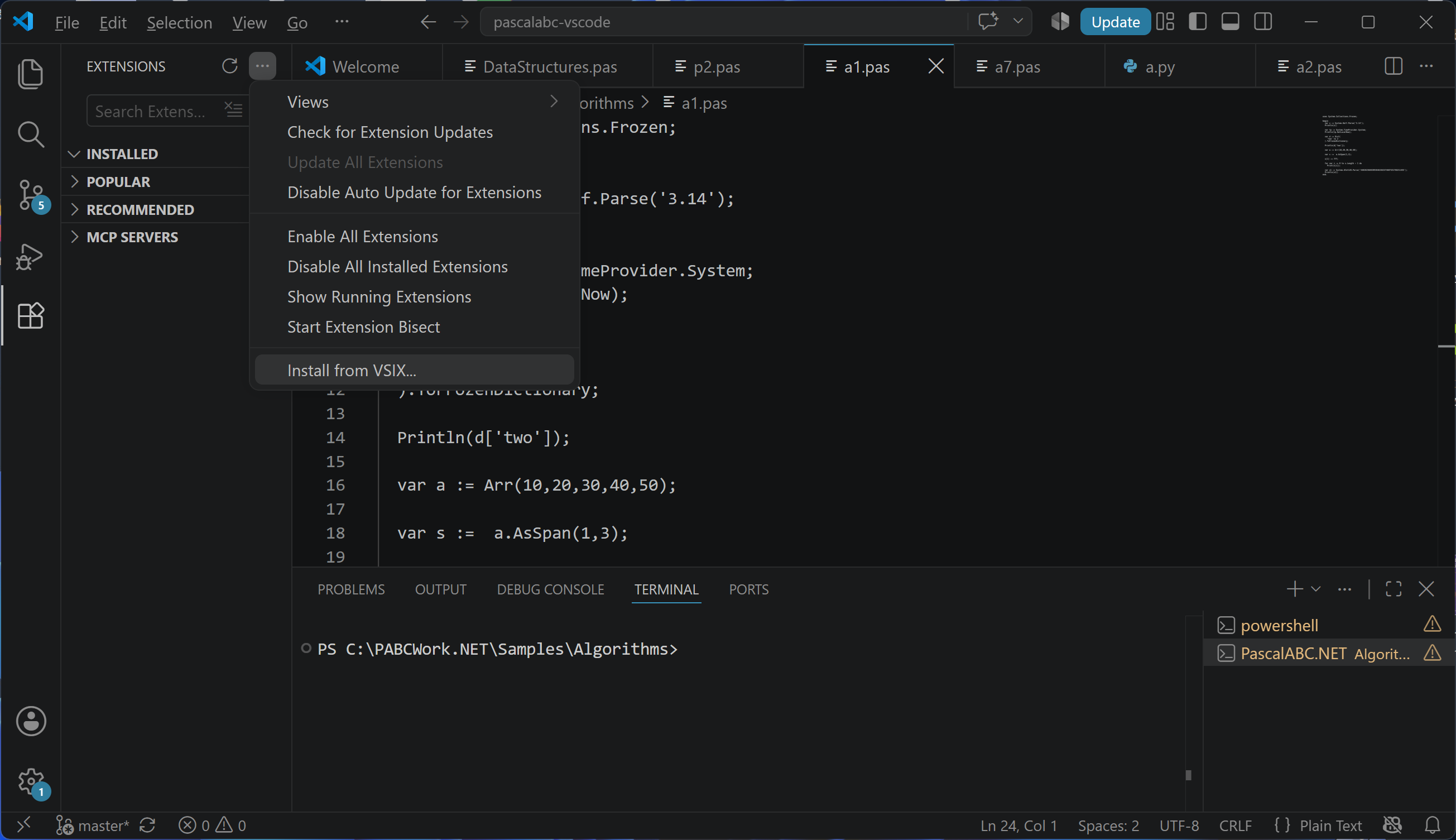 Команда Install from VSIX в меню Extensions программы Visual Studio Code